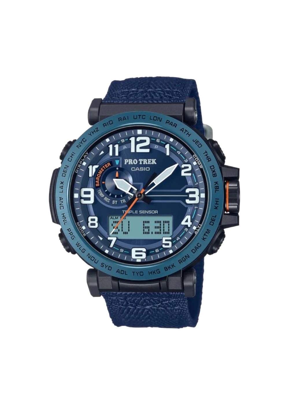 Casio Men Watch PRO TREK Triple Sensor Digital Analog Solar Power Blue Dial Cloth band PRG-601YB-2DR
