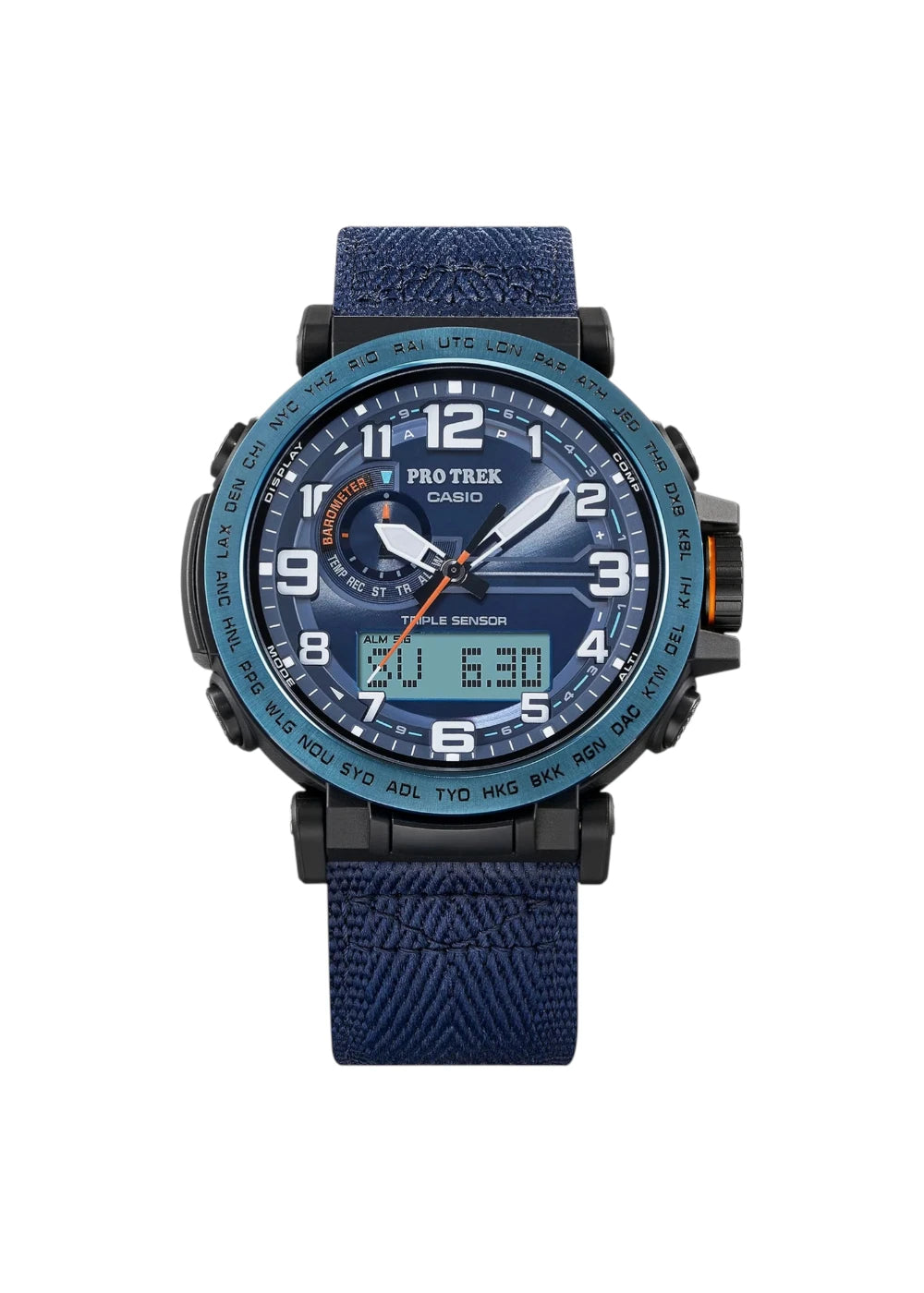 Casio Men Watch PRO TREK Triple Sensor Digital Analog Solar Power Blue Dial Cloth band PRG-601YB-2DR